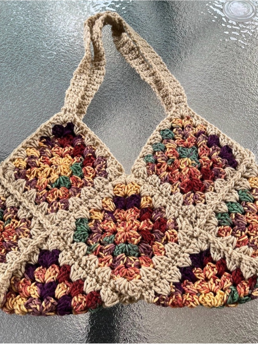 Handmade Crochet Granny Square Tote Bag in Tan with Multicolor Accents